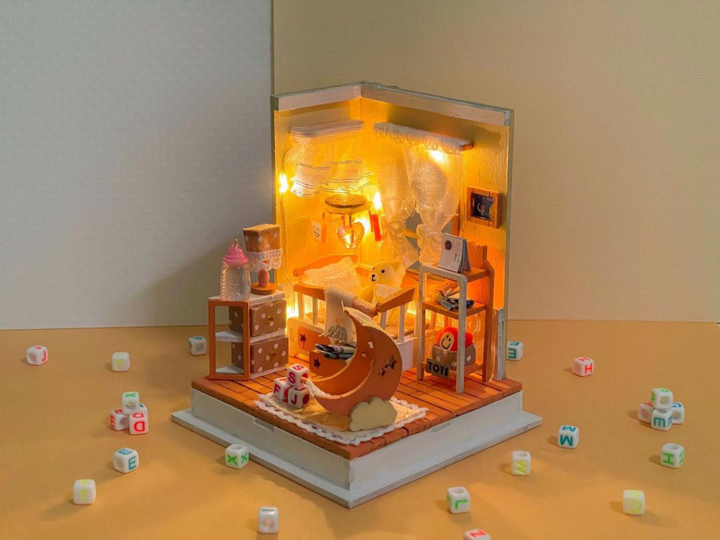 DIY Miniature House Kit | Baby Nursery Replica Mini Dollhouse Kit w/Instructions, Nursery Accessories, & LED Lights | DIY Miniature Kit Assembled Size 3.5"x3.5"x4.25" | Mini House Making Kit