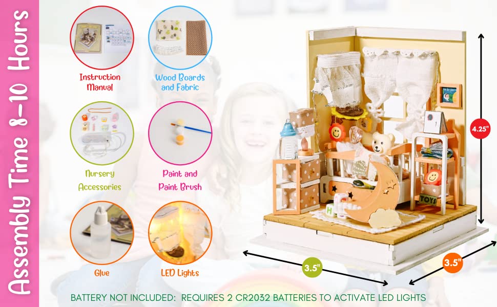 DIY Miniature House Kit | Baby Nursery Replica Mini Dollhouse Kit w/Instructions, Nursery Accessories, & LED Lights | DIY Miniature Kit Assembled Size 3.5"x3.5"x4.25" | Mini House Making Kit