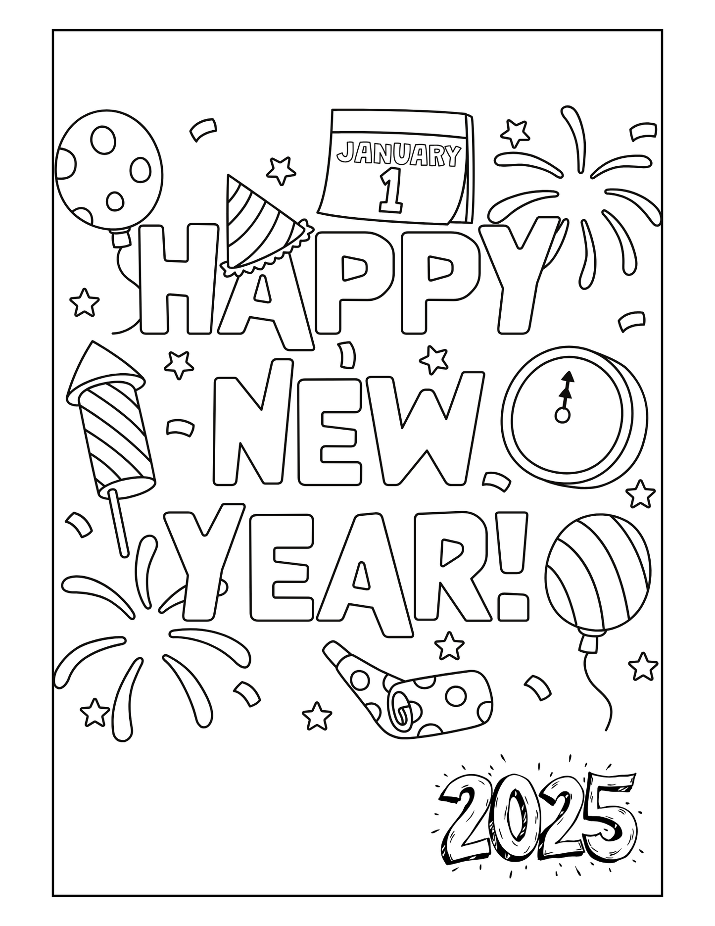 2025 Happy New Year Coloring Pages for Kids: Perfect for Holiday Fun, Printable PDF, Instant Download